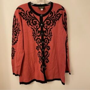 Women's Bob Mackie Cotton Blend Cardigan Plum, Black Embellished Scrolls, M